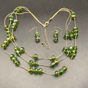 Multi-Strand Necklace and Earring Set with Green Crystal Beads